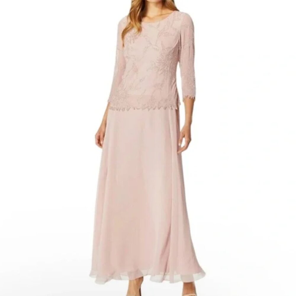 J Kara Women's Beaded Scallop Bodice Asymmetrical Gown (Light Pink, 10)